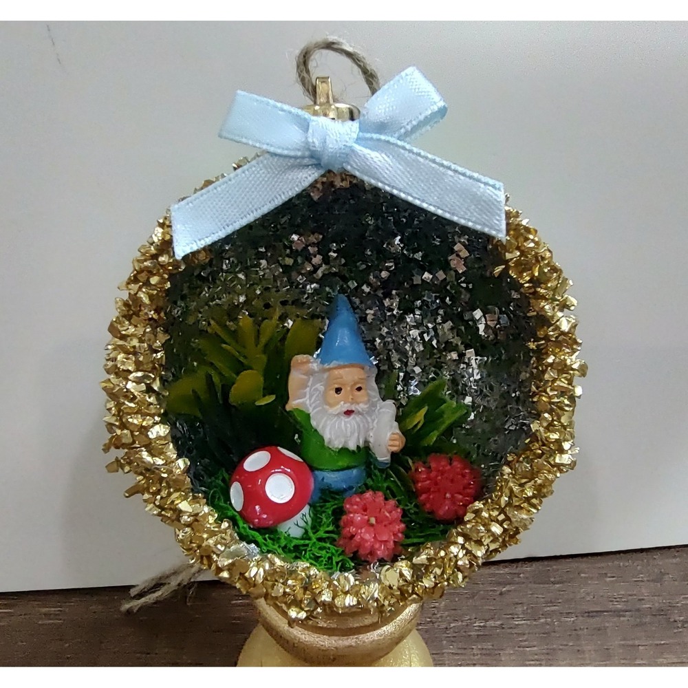 Garden Gnome Christmas Ornament Handmade Shatterproof Diorama Terrarium